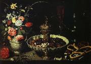 PEETERS, Clara bord med blomvas och torkad frukt France oil painting artist